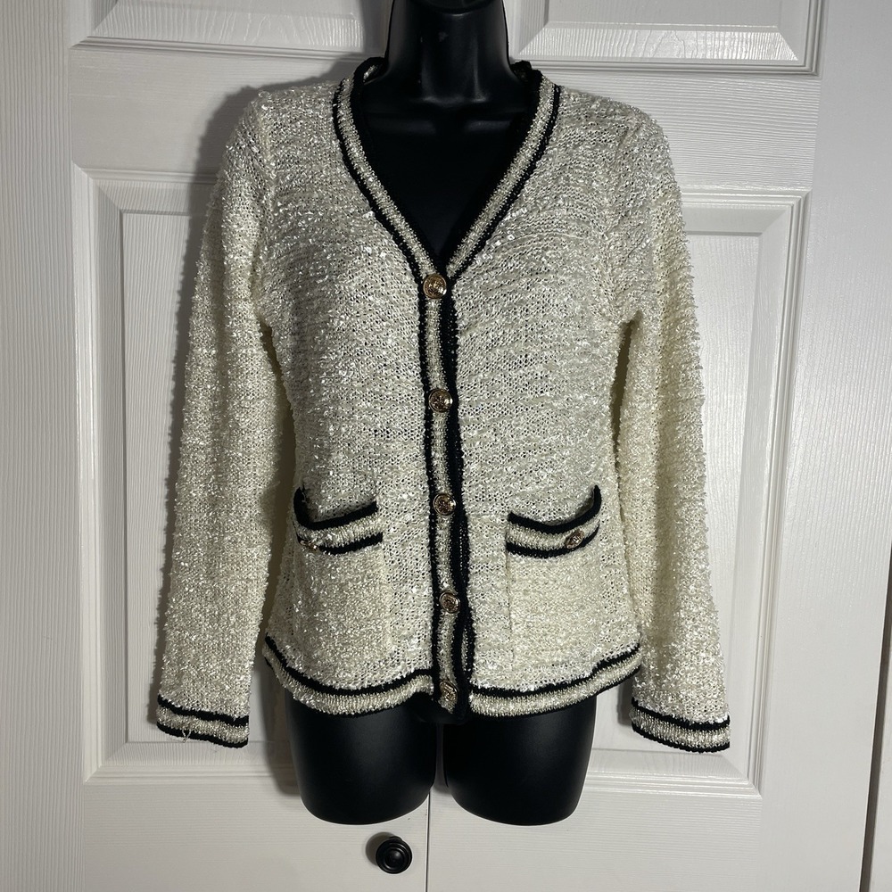 Sioni Button Down Cardigan Women XS Beige Shimmer Gold Buttons Blue Trim Knit